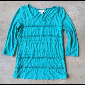 Loft teal ruffle tee shirt 3/4 sleeve soft S feminine romantic Cottageco…